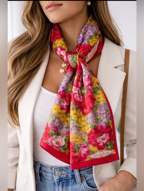 Oscar de la Renta Accessories - Oscar de la Renta 100% Silk Floral Scarf Red Yellow Purple Vibrant Garden Print